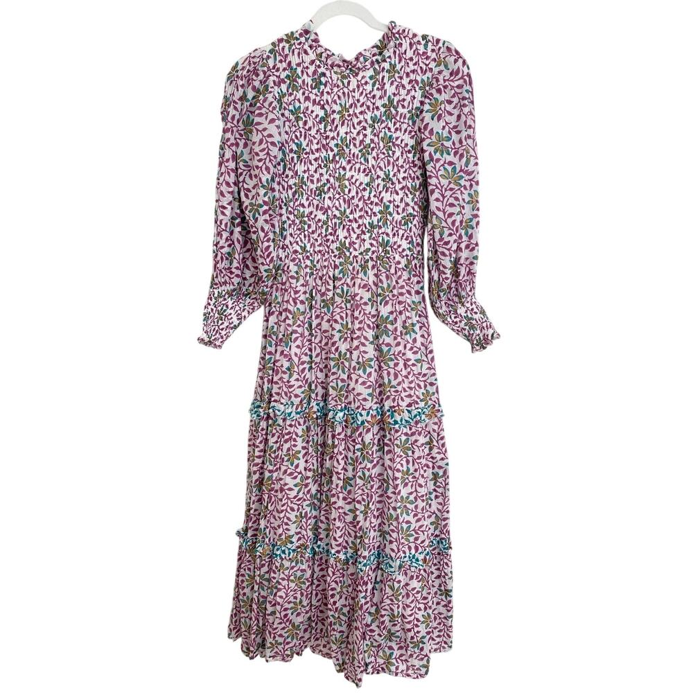 OLIPHANT Tuckernuck Smocked Top Ruffle Neck Long Sleeve Maxi Dress Fall S